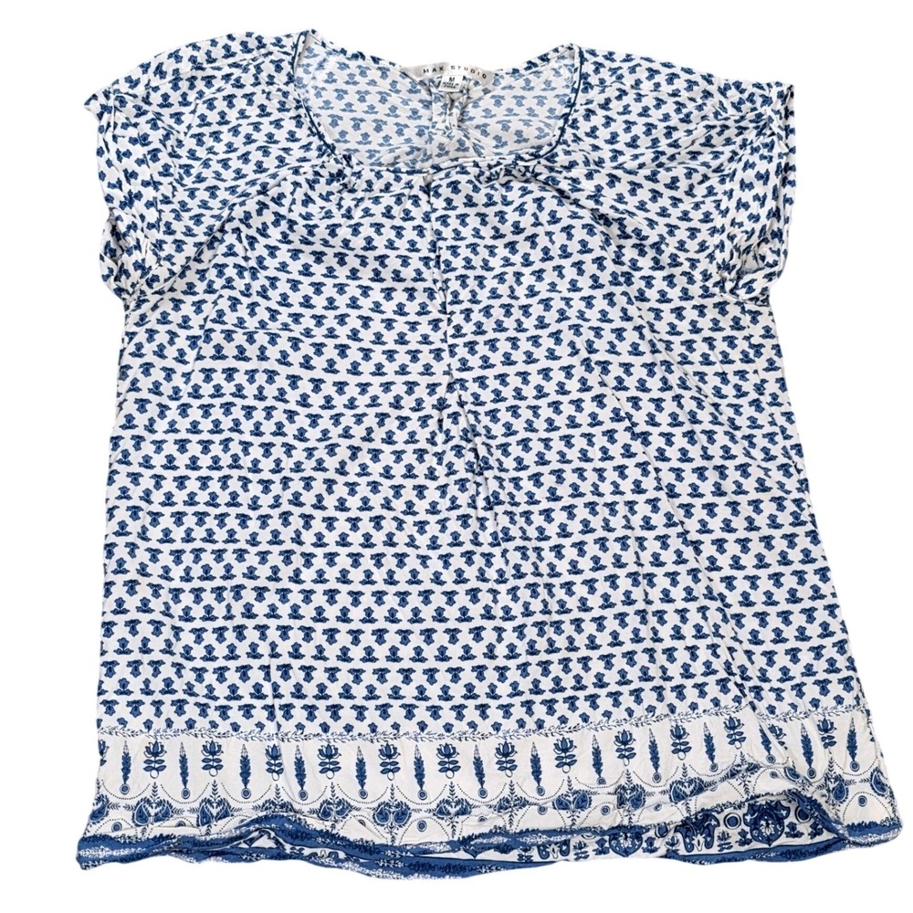 Max Studio Floral Block Print Blouse Top Women's Size M Blue White‎ Cap Sleeve